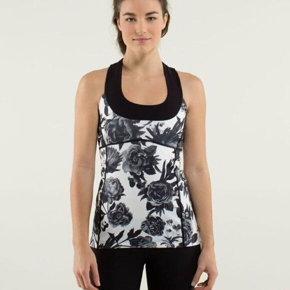 Lululemon Black White Floral Blokette Neck Workout Yoga Pilate Tank Top  Small - Picture 1 of 12